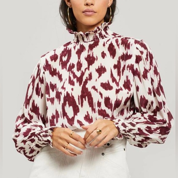 Evereve Allison Joy Arlo Ikat Cream & Burgundy Blouse Size Small - Picture 2 of 10